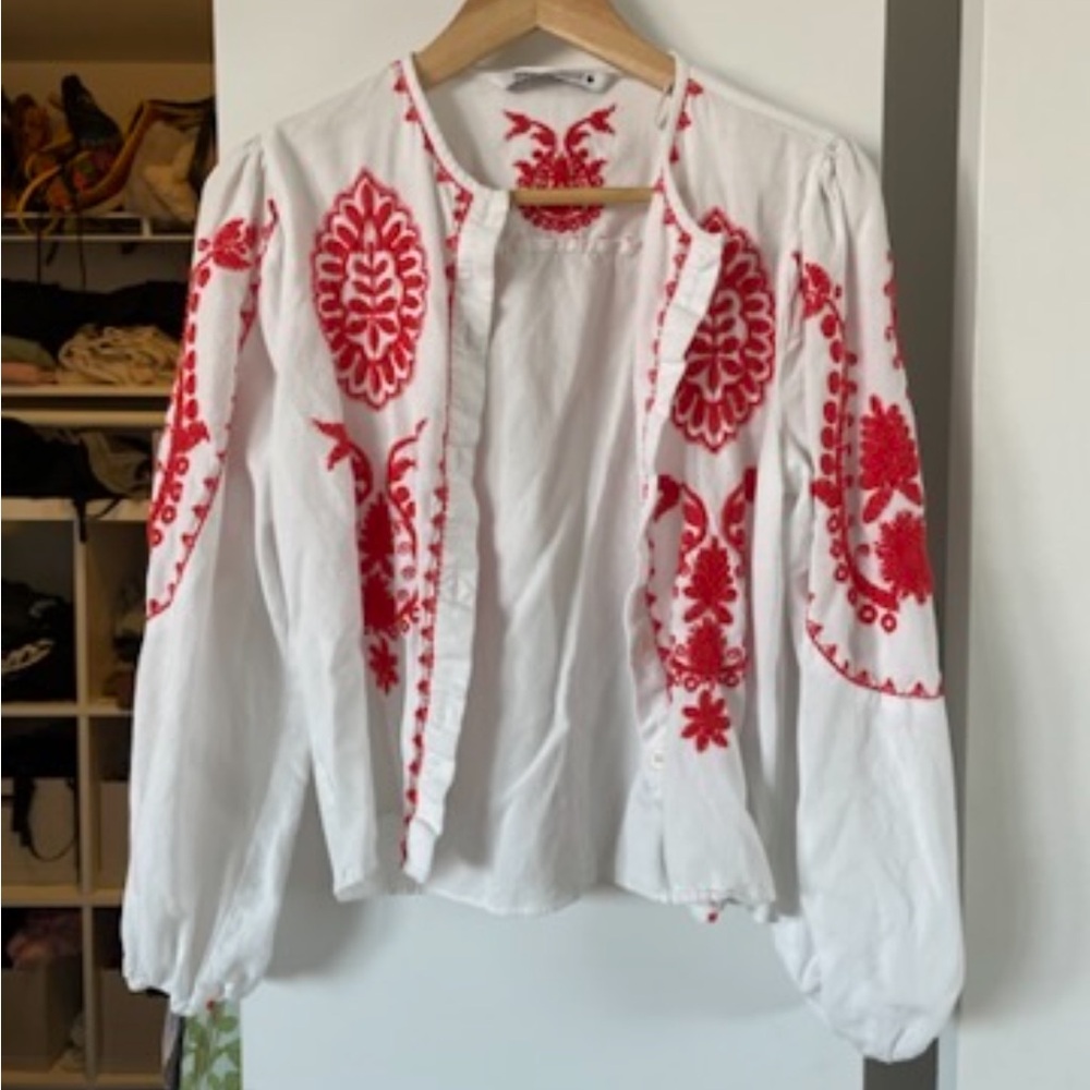 White Blouse with Red Embroidery